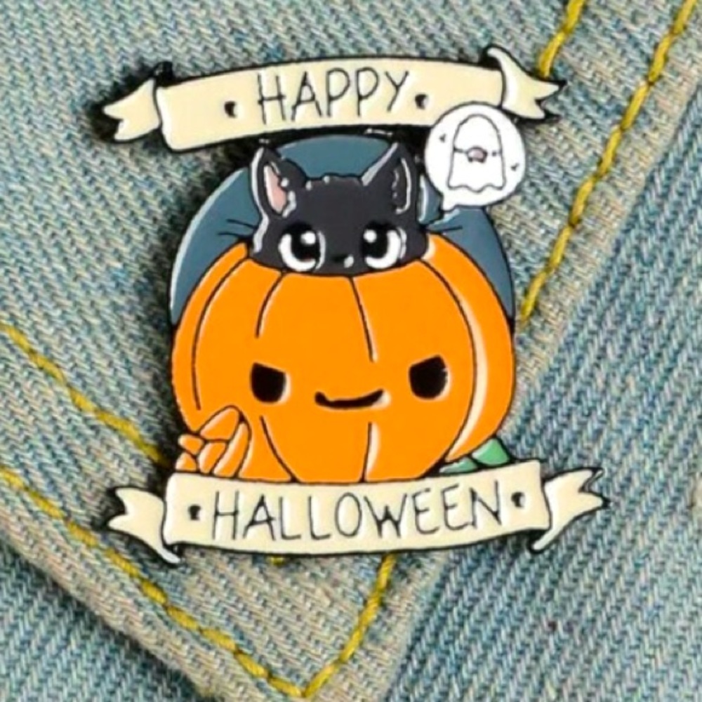 Halloween Black Cat & Jack-o-Lantern Enamel Pin🎃